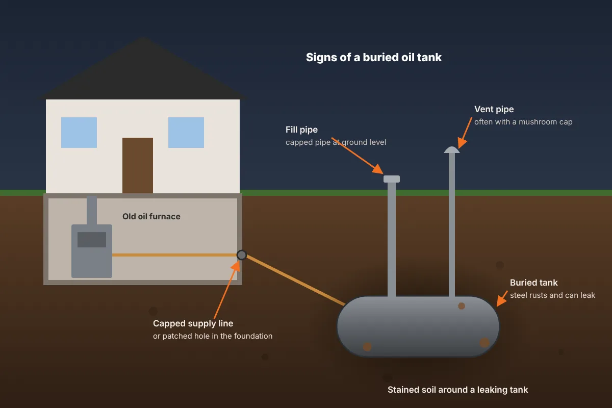 Diagram of a house with a buried oil tank, fill pipe, vent pipe and capped supply line